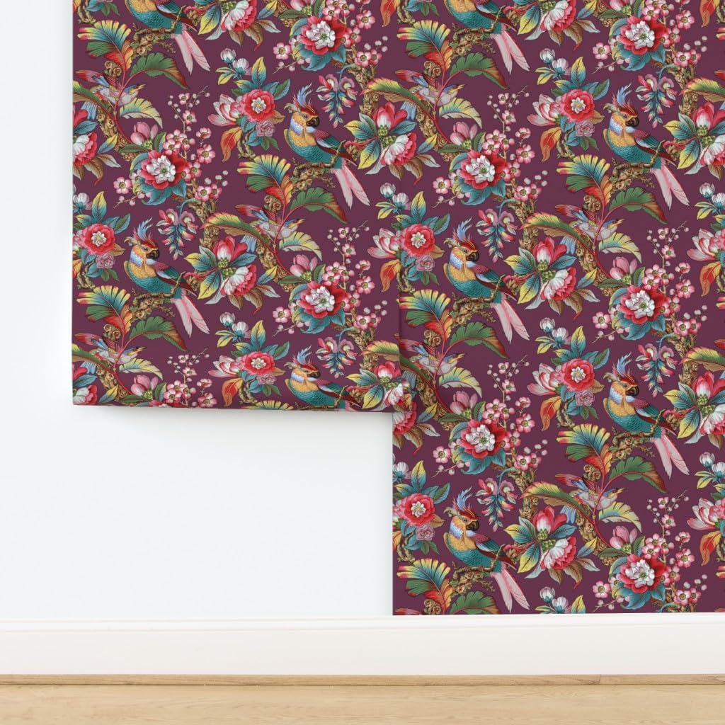 Peel & Stick Wallpaper 3ft x 2ft - Purple Antique Birds Palm Jungle Tropical Magenta Burgundy Wine Mauve Botanical Parrot Victorian Custom Removable Wallpaper by Spoonflower