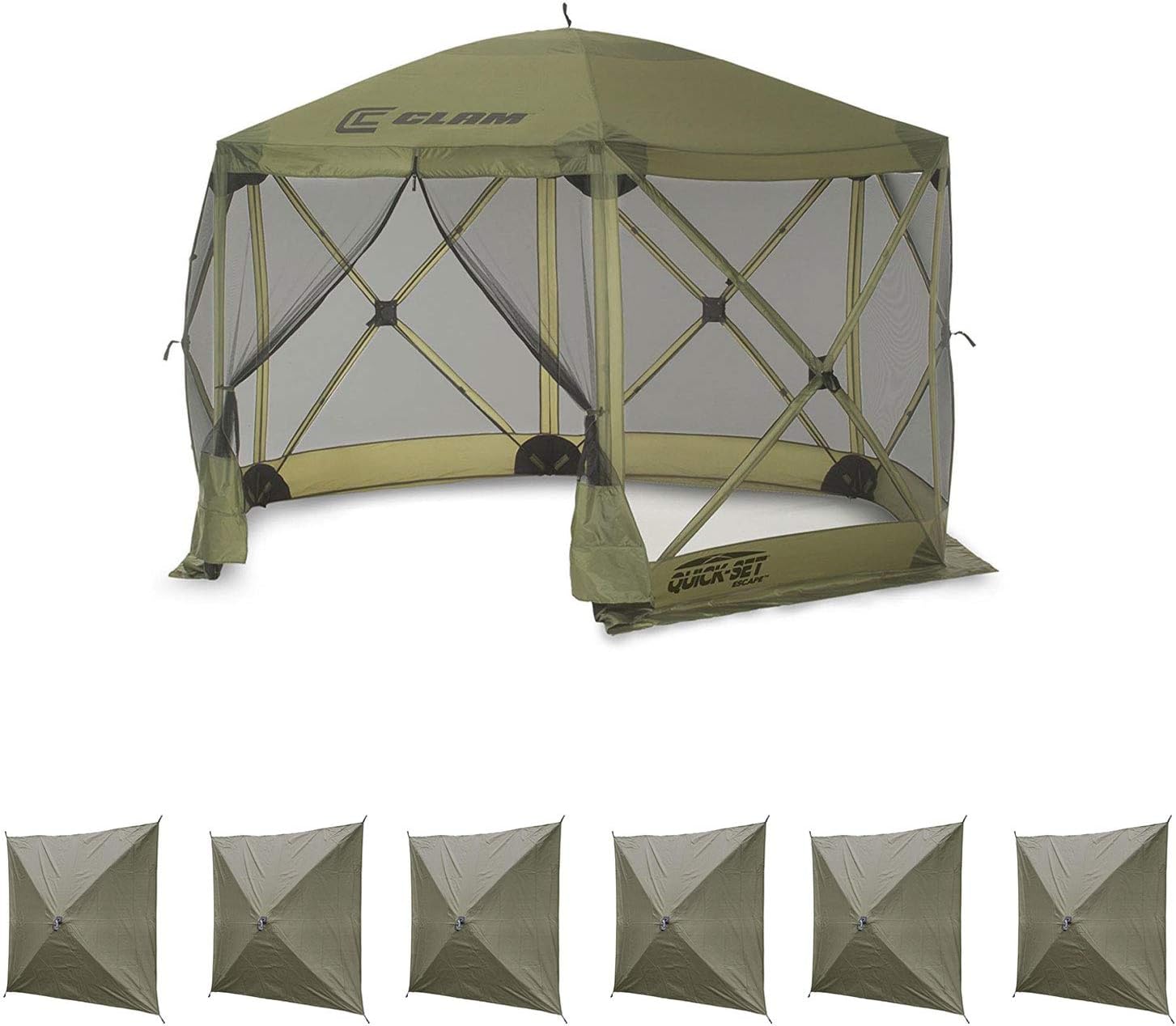 CLAM Quick Set Escape 12 x 12 Foot Portable Pop Up Outdoor Camping Gazebo Canopy Shelter Tent with Carry Bag and Wind Panels (6 Pack), Green