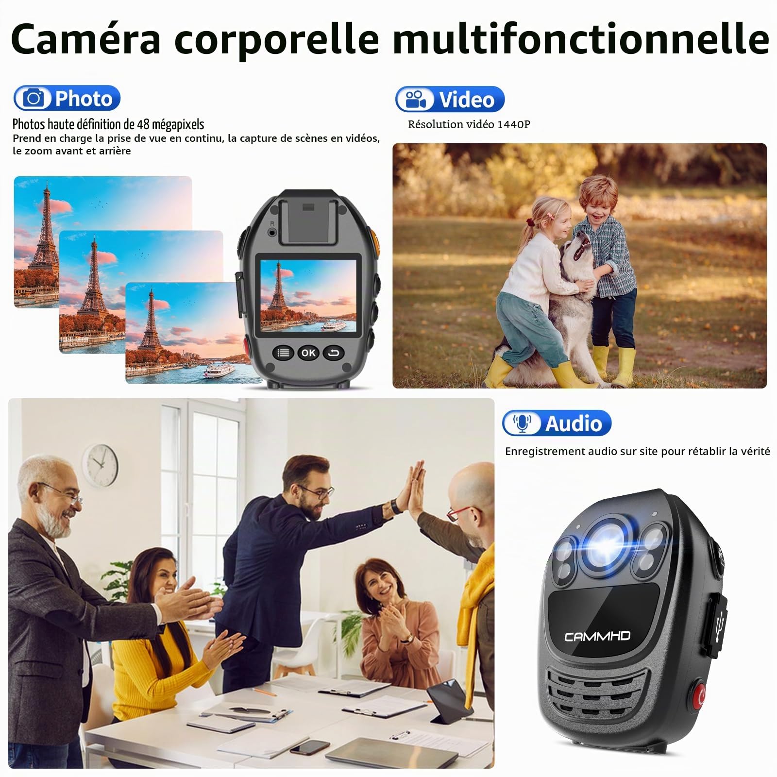 CAMMHD 1440P YX1 Camera Pieton HD 12 Heures Caméra de Corps avec Vidéo et Audio Body Cam Vision Nocturne pour l'application de la Loi Sécurité Voyage (Carte Non Incluse)