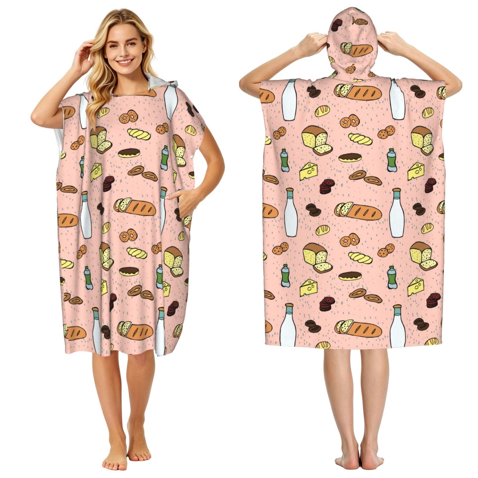 Poadnly Grocery Seamless Pattern, Adult Hooded Beach Towel 90 x 110 cm,Changing Bath Robe, Surf Poncho Towel For Women Men