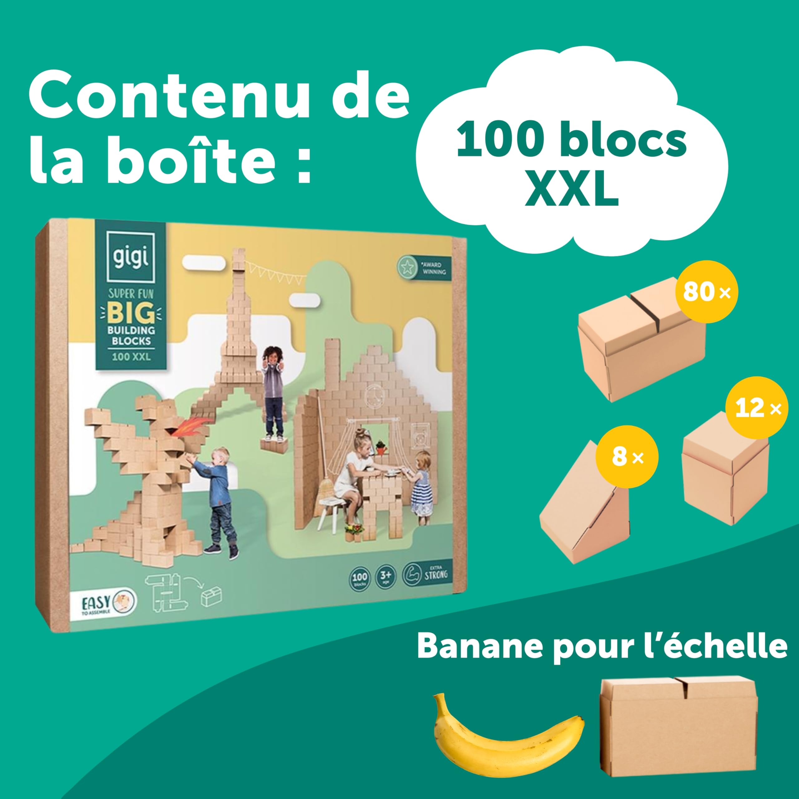 GIGI BLOKS Taille XXL 100 Briques Geantes en Carton Empilables & Emboîtables | Gros Bloc de Construction Enfant Robustes, Faciles à Assembler | Jeux de Construction Enfant Créatifs & Éducatifs