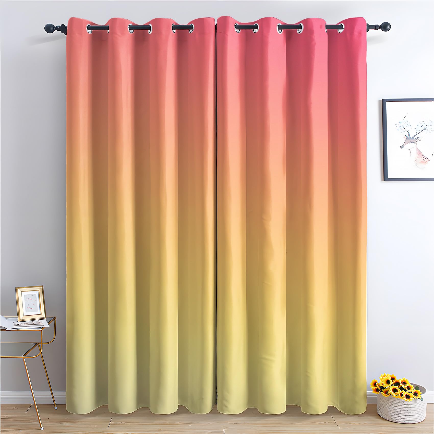 Zcwl Orange Yellow Ombre Curtains For Bedroom Living Room, Gradient Patterned Blackout Curtains, Thermal Insulated Eyelet Curtain, 63 Drop Window Treatments Drapes, 42X63 Inch (W X L), 2 Panels