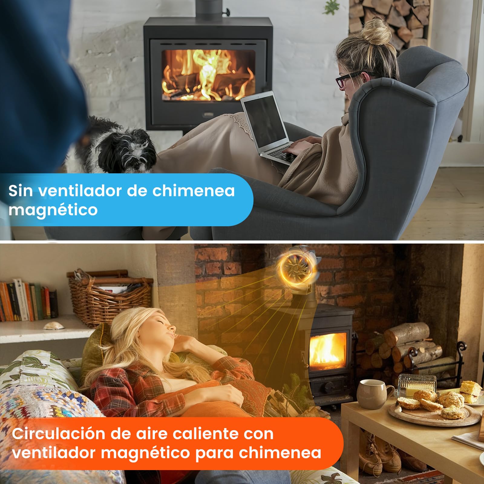 JossaColar Ventilador estufa leña Magnético 6 Aspas, ventilador chimenea leña con termómetro magnético, ventilador de chimenea, ventilador estufa