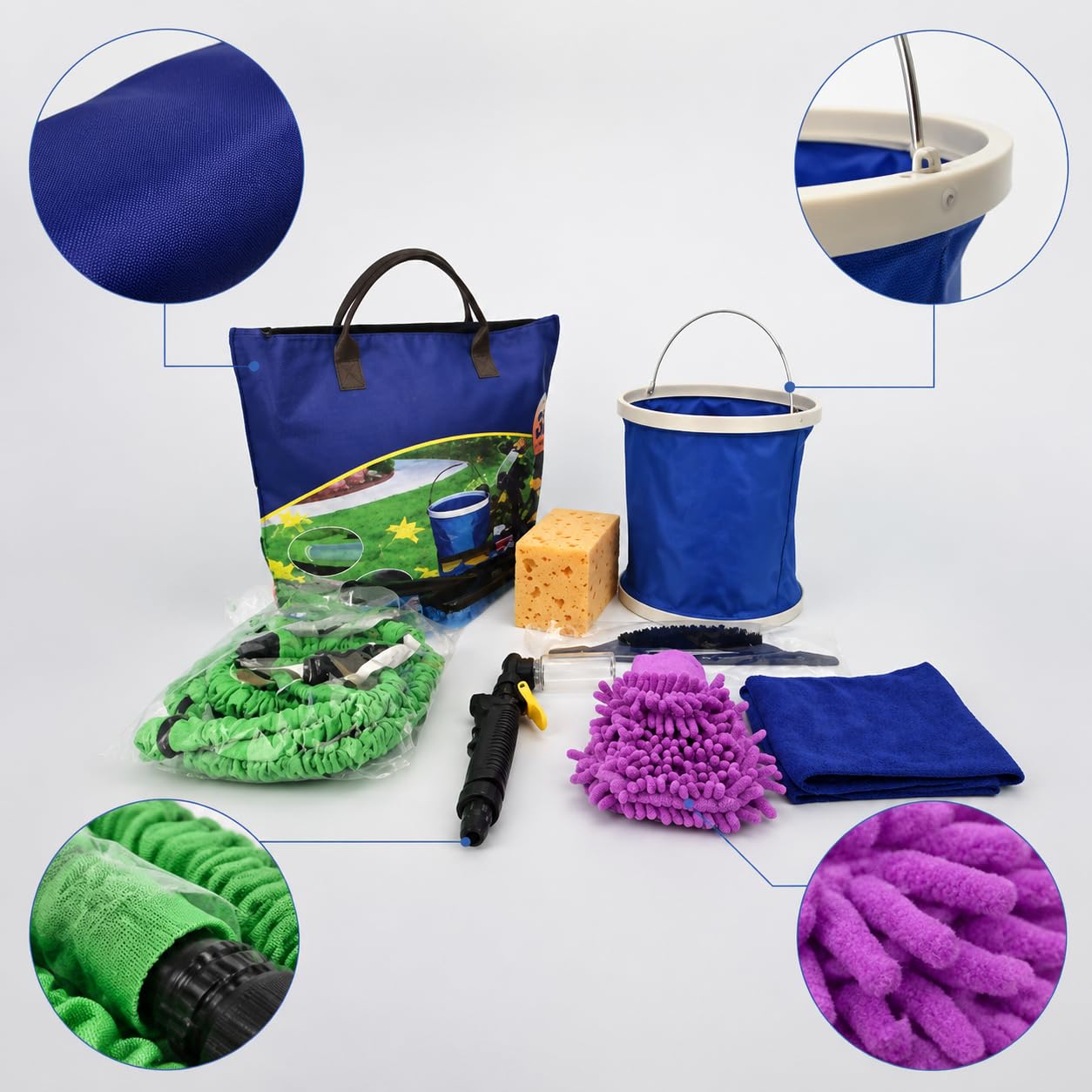 Kit di pulizia veicoli completo 8 pezzi con tubo espandibile e secchio pieghevole per lavaggio auto, per veicoli - per la casa