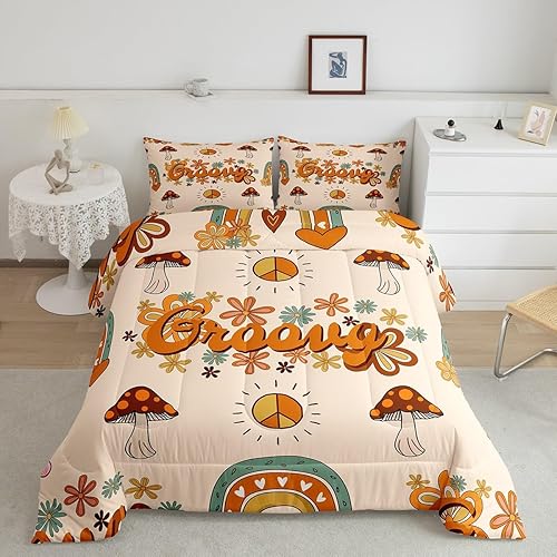 Lindo edredón de champiñones tamaño individual para niños y niñas, juego de ropa de cama de flores geniales de los años 60 y 1970 con 1 funda de