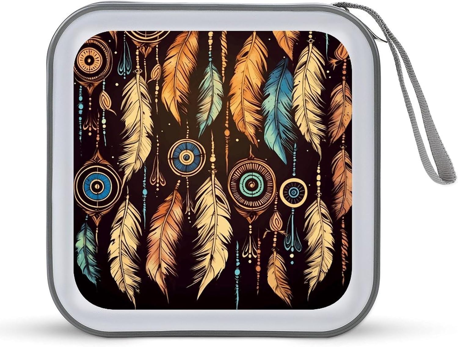 Vintage Ethnic Tribal Feather CD Case 40 Capacity CD/DVD Case Holders Portable Zipper CD Holder Large Storage Disc Wallet Bag Hard Plastic DVD Disc Cases Wallet Disc Storage Binder for Car