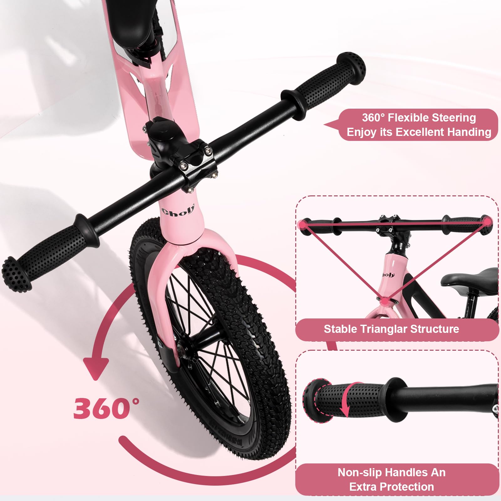 CHOLY Vélo sans pédales 14 pouces pour enfants 3-6 ans, siège réglable, pneus pneumatiques, cadre en alliage de magnésium