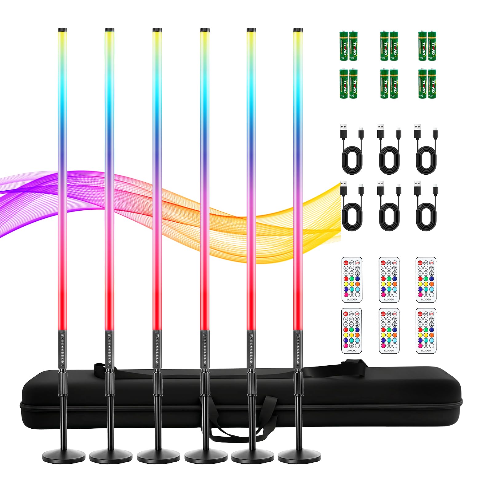 Photo 1 of *Cords only* 6 Pack RGB Tube Light with Stand 4ft LED Light Wand 5000mAh Battery Powered Handheld Light Tubes 500 Lighting Effects Portable LED Stick for Video Photography Studio Dance DJ Club Party Lights
