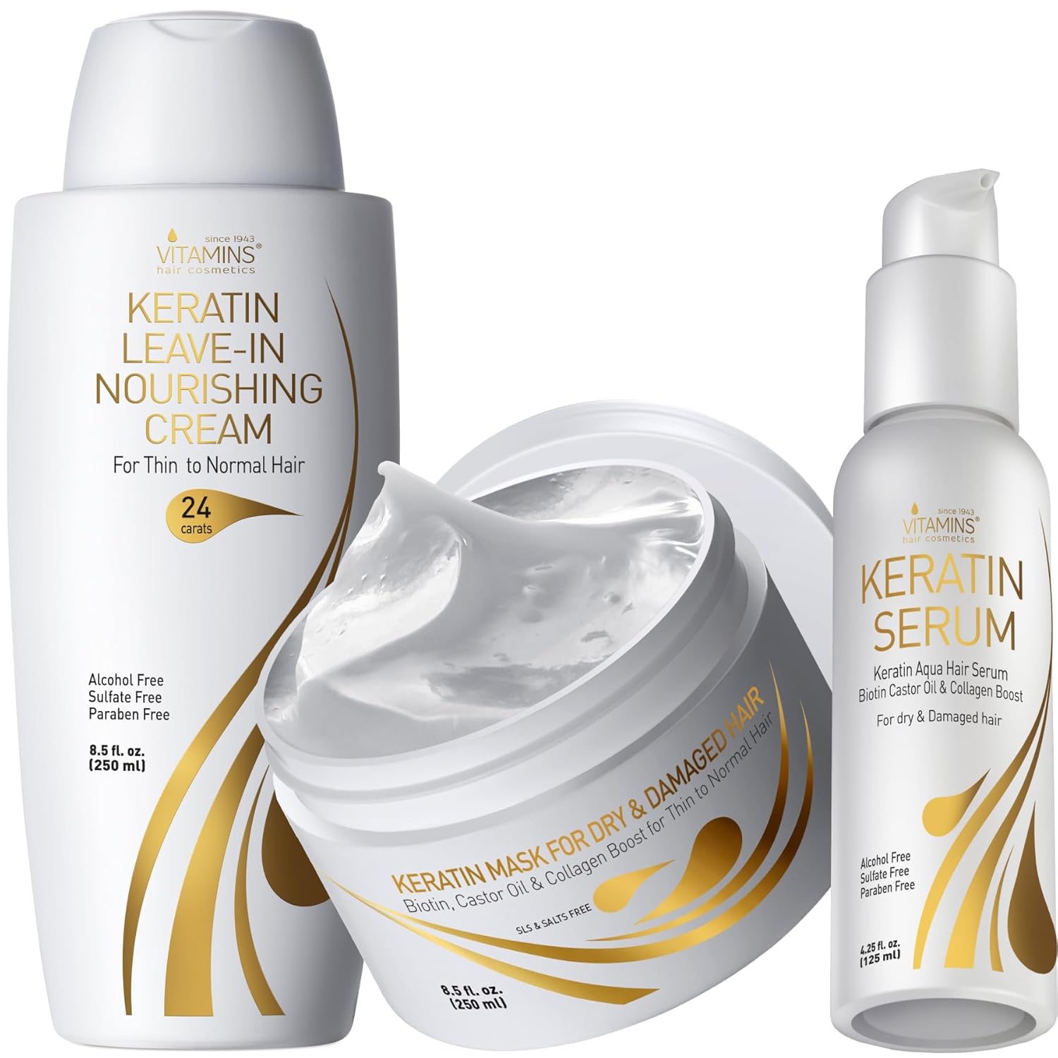 VITAMINS hair cosmetics Keratin Thin Hair Leave-In Conditioner, Thin Hair Mask & Serum Kit - Hydrating No Rinse Cream, Intensive Deep Conditioning for Thin Dry Damaged Hair & Anti Frizz Gloss Boost