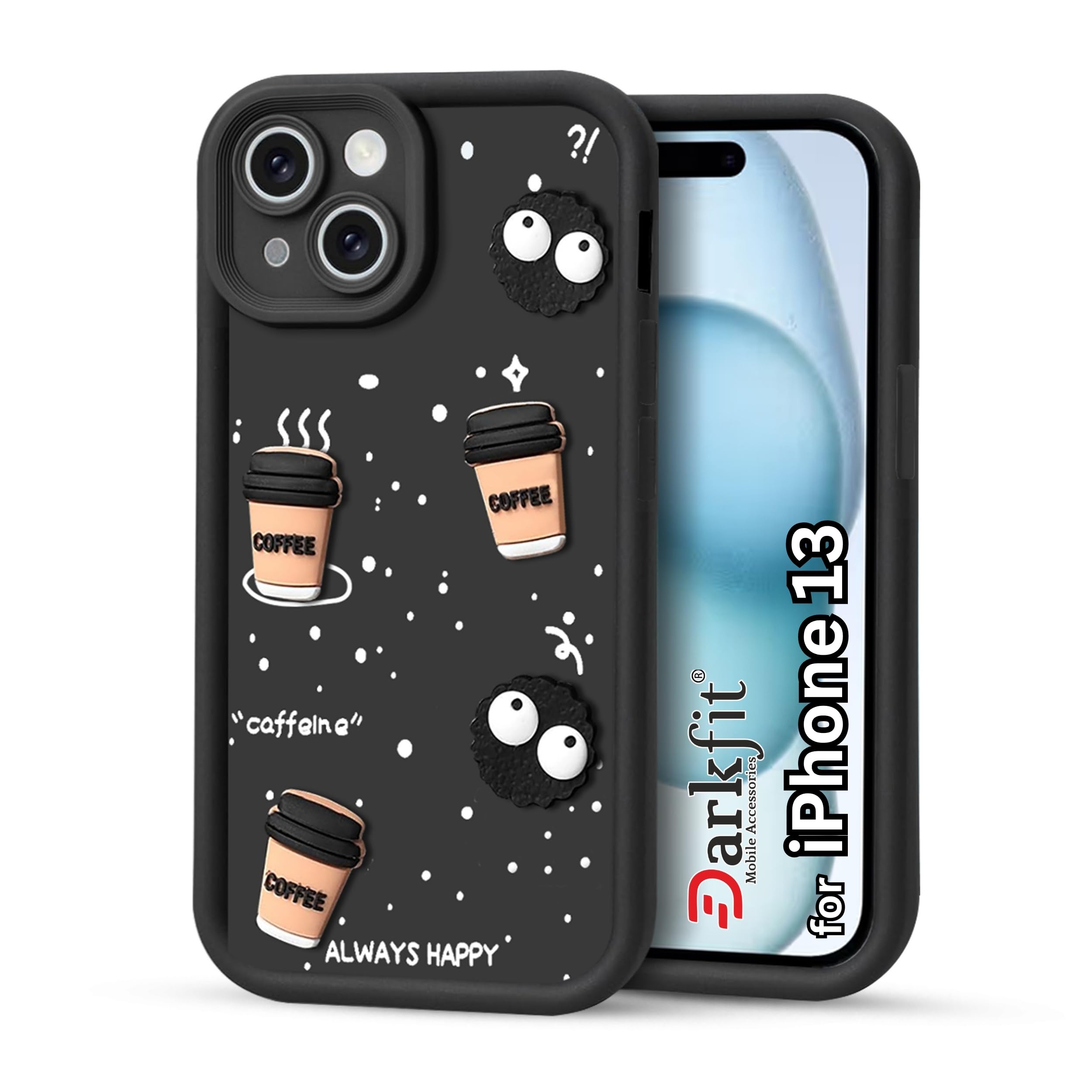 Back Case Cover Compatible for iPhone 13 | Cute Fun Cartoon 3D Ball Coffee Silicone Case | Camera & Body Protection | Shock Proof | for iPhone 13 | Color Black | Pack of 1