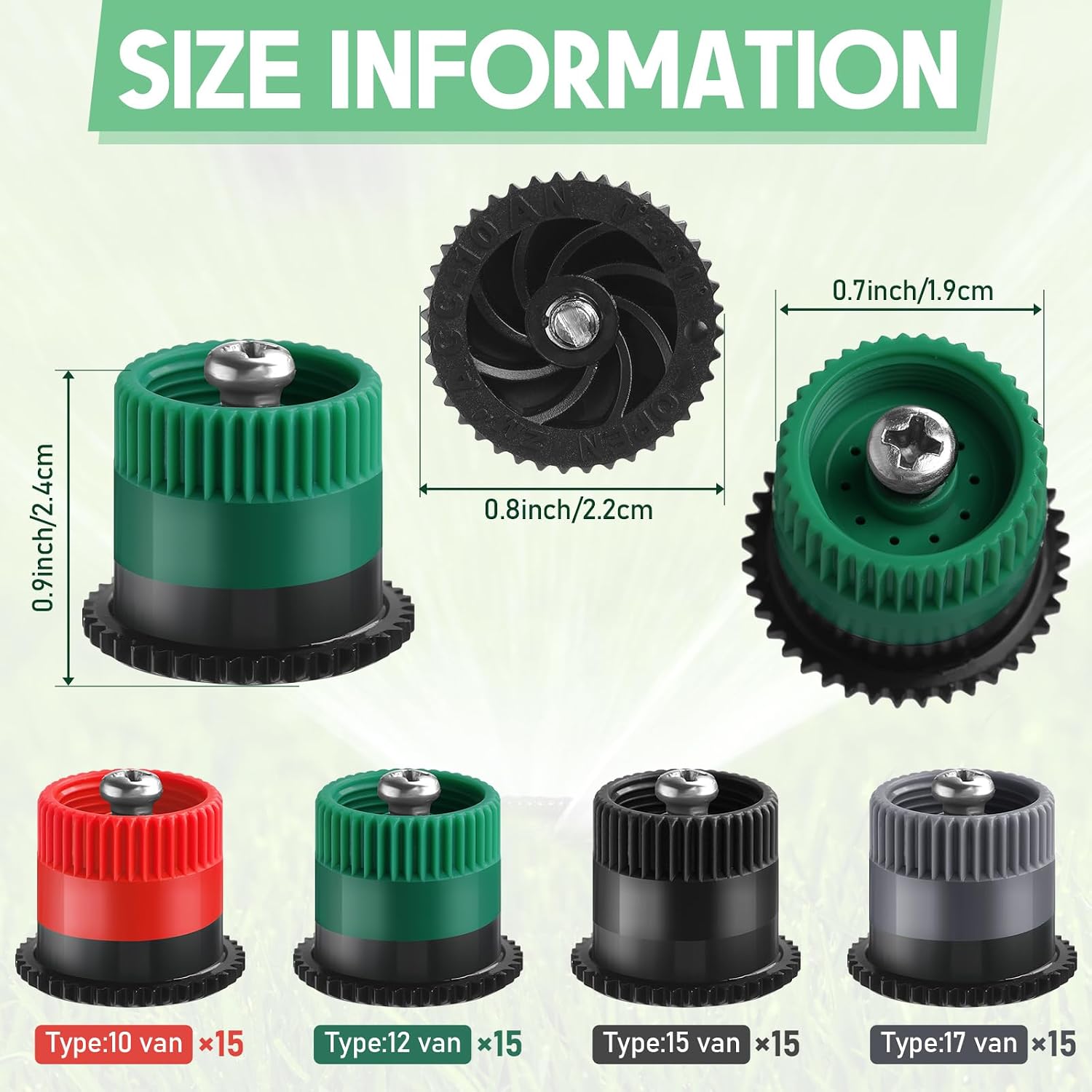Honoson 16 Pcs Variable Arc Nozzle Radius High Efficiency Replacement Pop up Sprinkler Heads Compatible with Rainbird, Hunter, Orbit Pop-up Sprinklers (10/12/15/17 Van,Red,Green,Black,Gray)