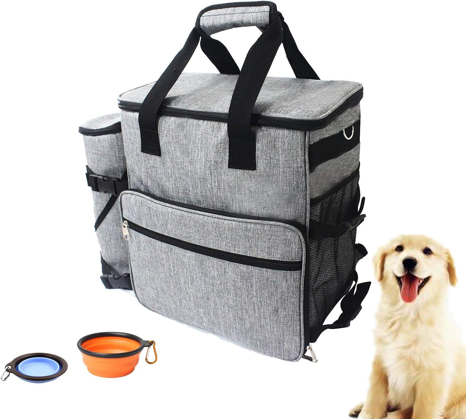 Petopia Pet Travel Organizer Bag - Waterproof, Airline Approved Backpack with Compact Food Storage Carrier - 2 Collapsible Silicone…