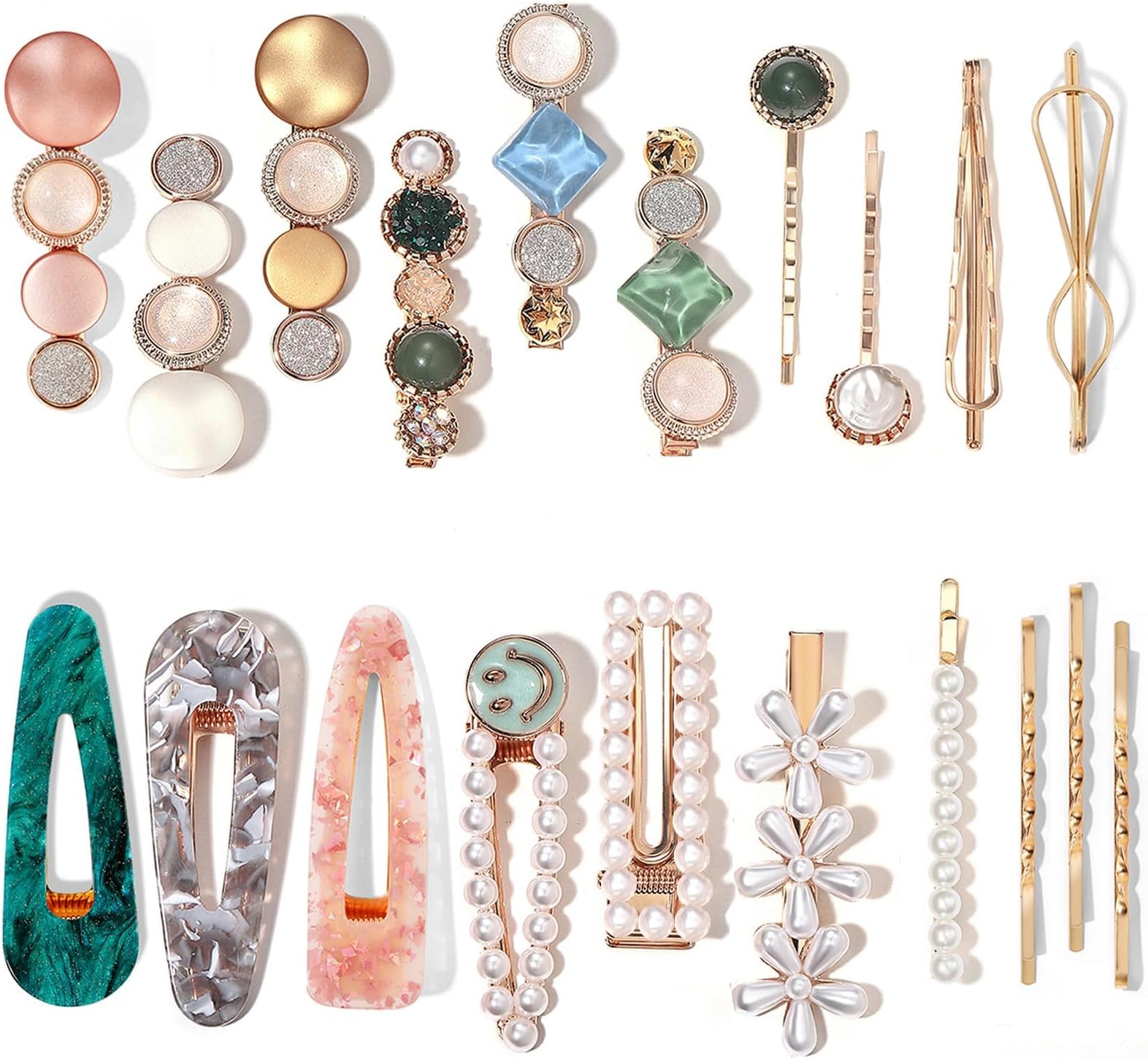 Mehayi 20 PCS Pearls and Acrylic Resin Hair Clips, Handmade Hair Barrettes, Marble Alligator bobby pins, Glitter Crystal Geometric Hairpin, Elegant Gold Hair Accessories, Gifts for Women Girls