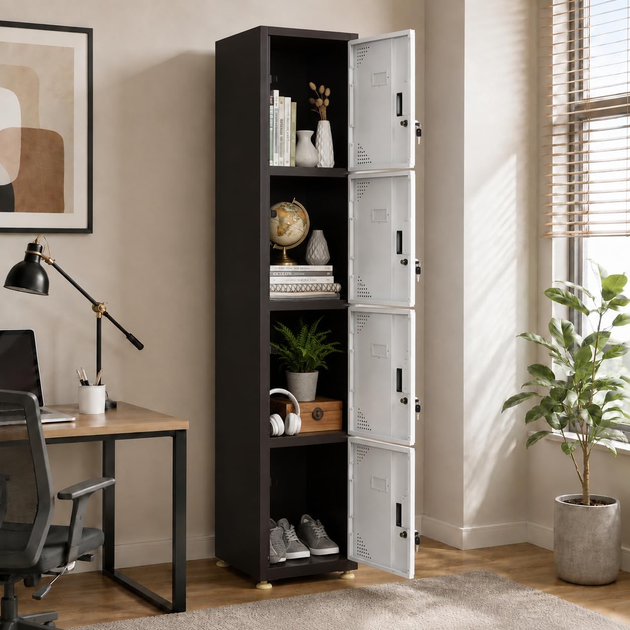 amazon brand - solimo 4-door vertical steel locker | heavy-duty lockable storage cabinet for gym, school, office & home | secure compartments for clothes, gear & valuables powder coated brown finish