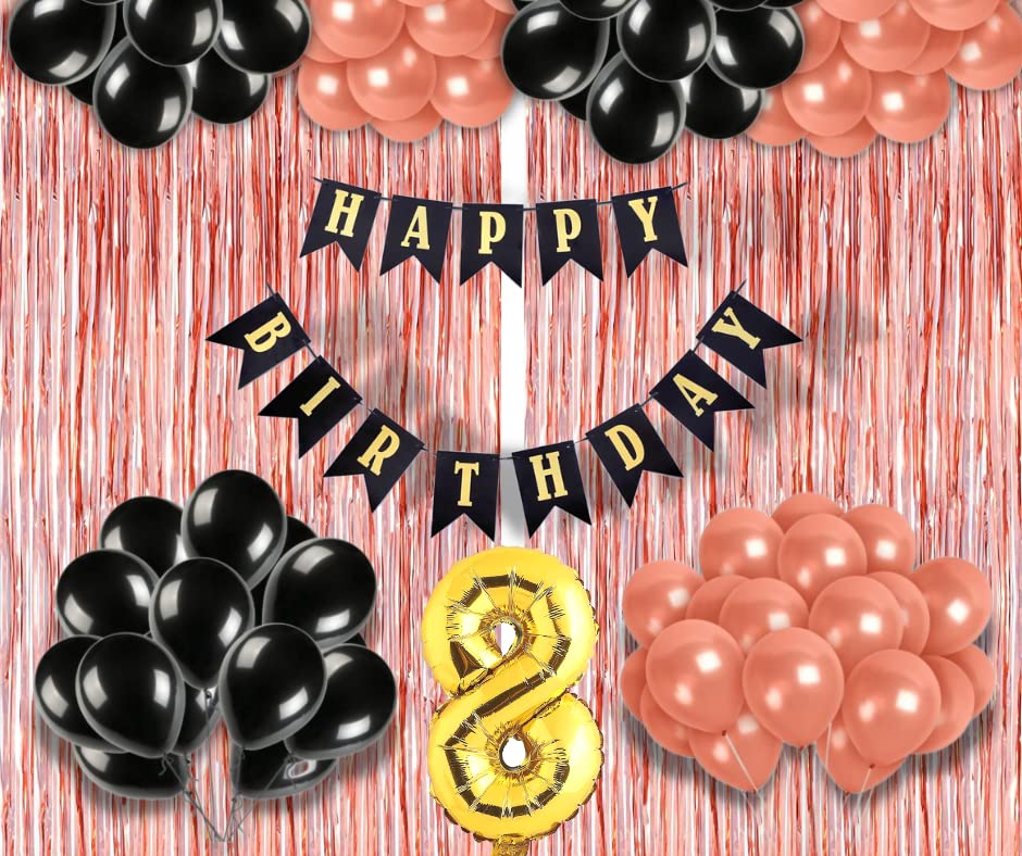 Image of 8th Birthday Decoration items for Girls with Black and Rose Gold Balloons, Black Happy Birthday Banner, Rose Gold Foil Curtain, Foil Balloon number 8
