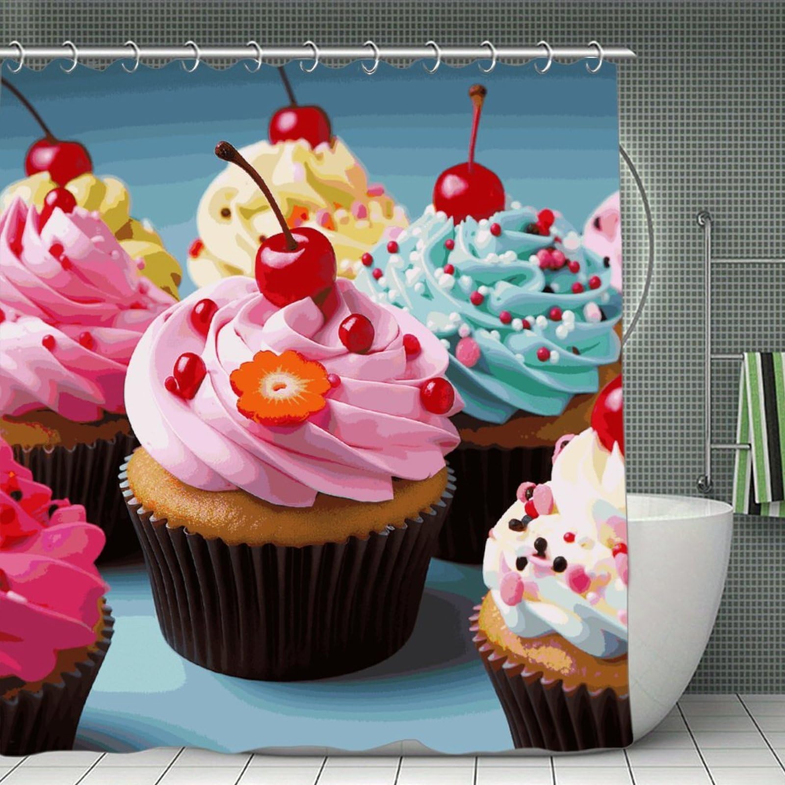 FekiLoot Cupcake Shower Curtain Minimalist Aesthetic Bath Curtain with Hooks Simple Water Resistant Bathroom Shower Curtains Cute Blackout Privacy Curtains Cloth Curtain