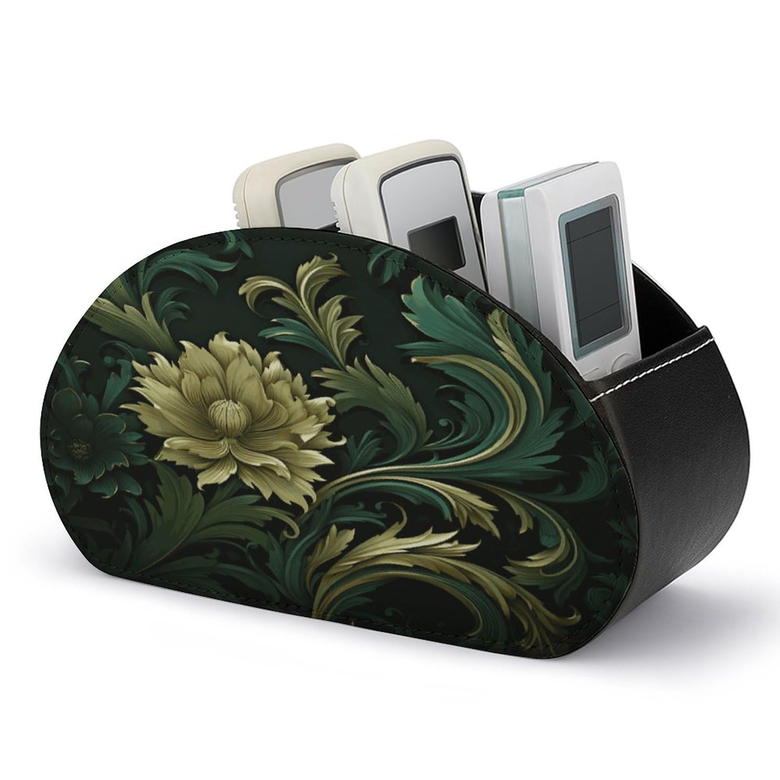HKMNTGD TV Remote Control Holder,Remote Caddy Dark Green And Green Style Printed Desktop Organizer with 5 Compartments for Storing Remotes Pens Keys Makeup Brushes