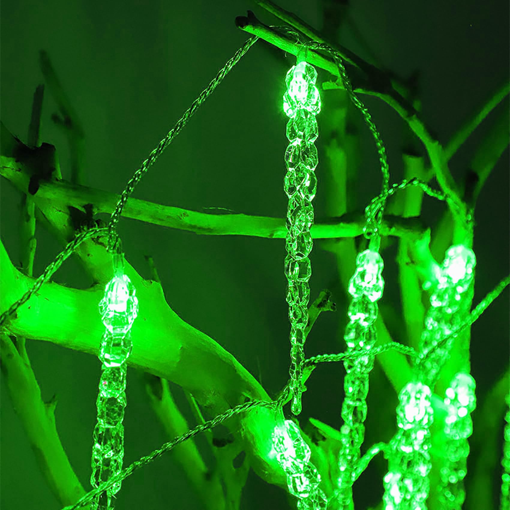 Guirnalda de luces navideñas de carámbanos a pilas, 10M/80LED de cristal acrílico, con múltiples modos, ideal para fiestas navideñas, jardines (verde)