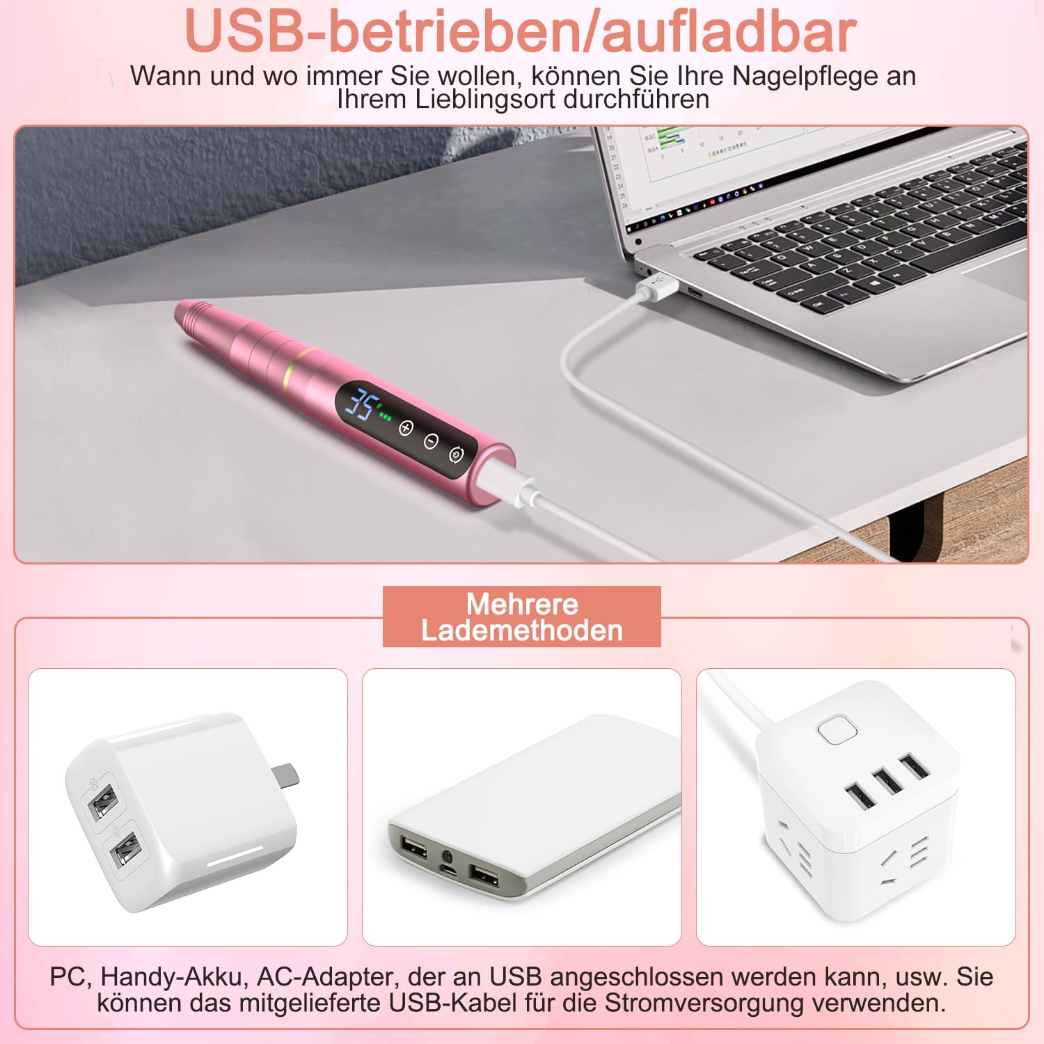 NAILGIRLS Nagelfräser Kabellose 35000 U/Min, Fräser Nägel, 11 in 1 Professionell Nail Drill, Elektrische Nagelfeile, Tragbar Nagelschleifer, für Gelnägel & Acrylnägel, Maniküre Pediküre Set(Rosa)