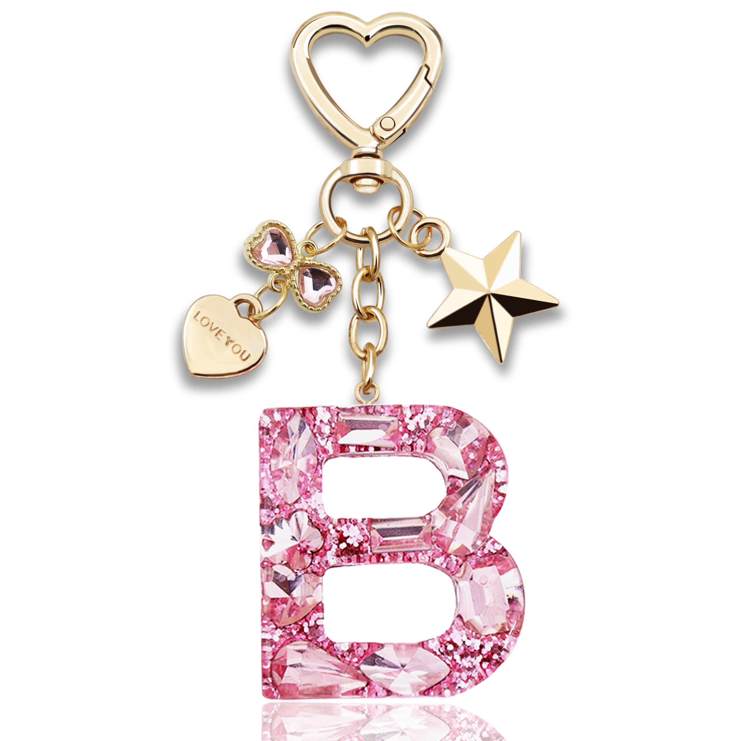 Glitter Initial Letter Keychain Gift for Women Cute Pink Resin Keychains for Bag