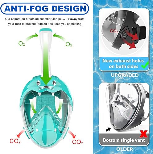 Vista 30 de Máscara de esnórquel de cara completa, máscara de buceo para niños y adultos, máscara de esnórquel con vista panorámica de 180° con soporte