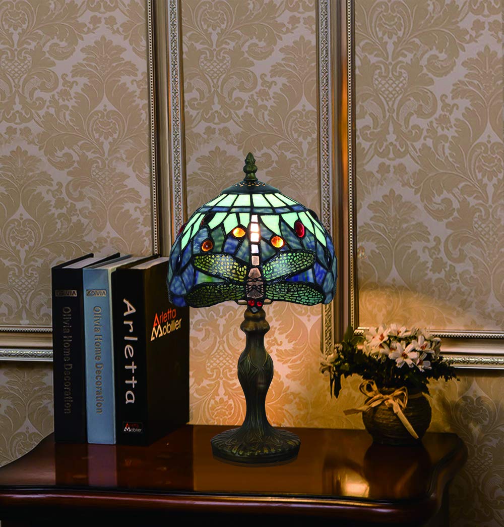 Vintage Tiffany Tischlampen Blau Libelle 8 Zoll, E14 Tiffany Tischlampe Antik Original, Glasmalerei Lampen Schlafzimmer Nacht Lampenschirme Wohnzimmer(Ohne Glühbirnen)