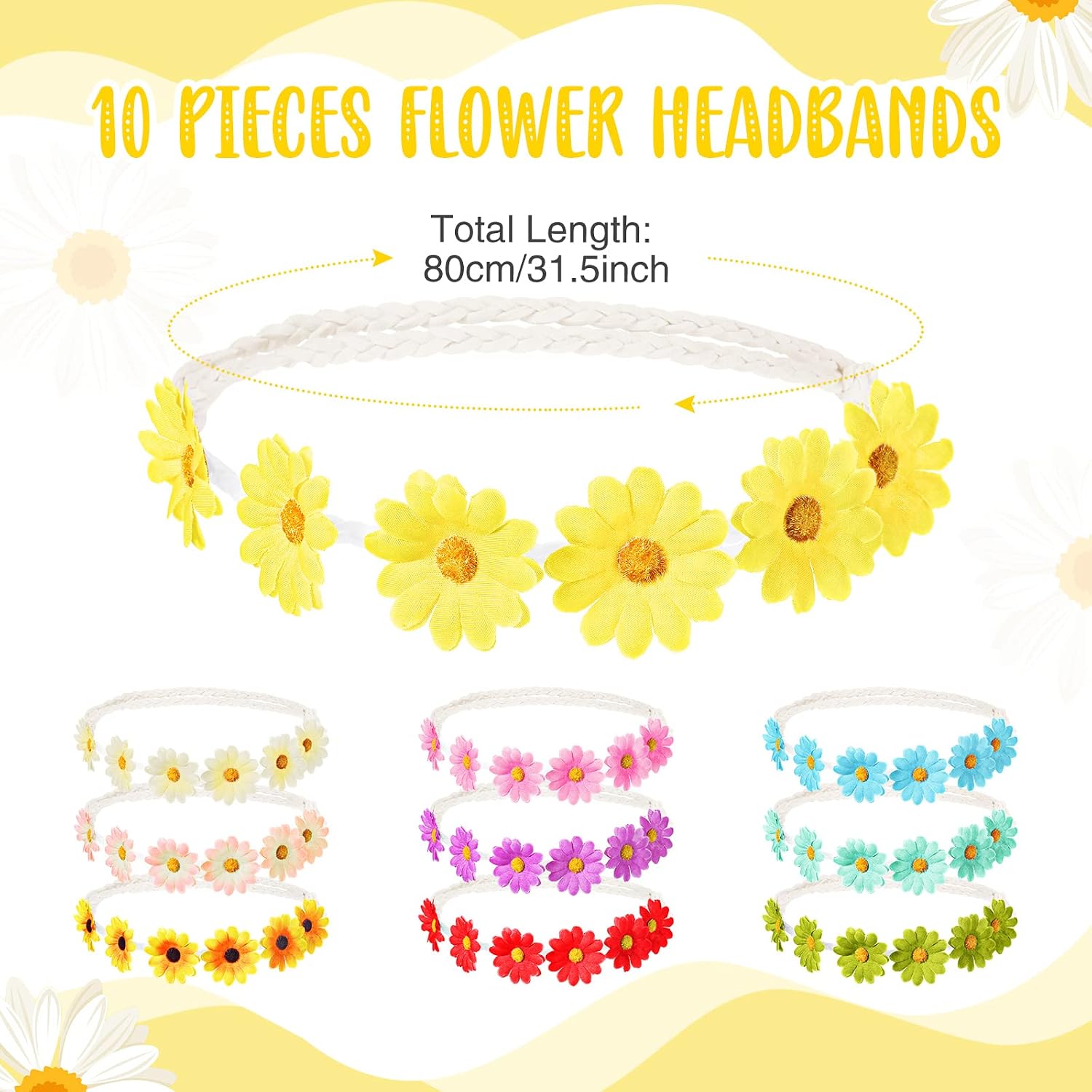 CHENGU Retro Flower Sunglasses Daisy Flower Headbands Costume Accessories Set Groovy 60s 70s Hippie Boho Party Favor, Festival Beach Birthday Decorations(20 Pieces,Vivid Style)