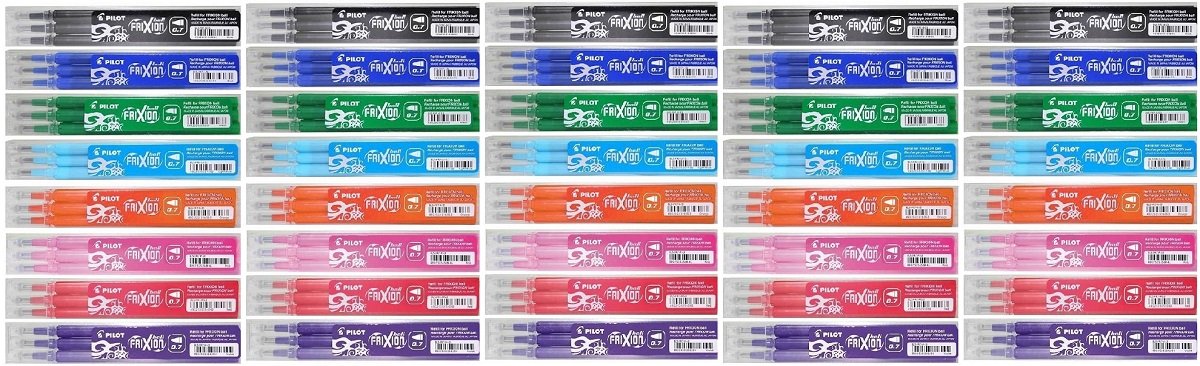 Pilot Różne wkłady atramentowe do wielokrotnego napełniania Frixion Rollerball Wymazane długopisy wkłady zapasowe atrament BLS-FR7 (5 w każdym kolorze - 35 opakowań do napełniania - czarny, niebieski, zielony, fioletowy / fioletowy, różowy, jasnoniebieski