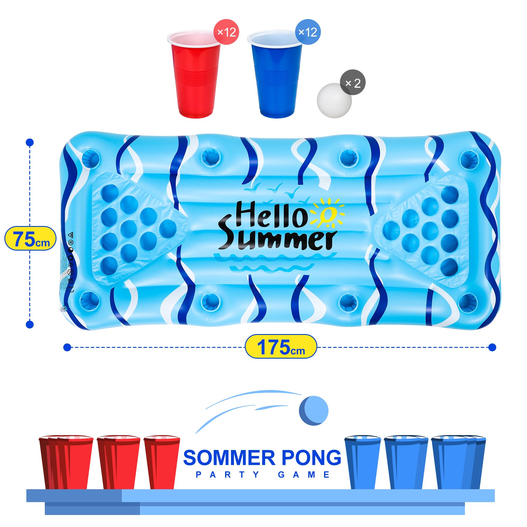 Pong Galleggiante 175x75cm - Gonfiabile Piscina con 24 Portabicchieri, Materassino Gonfiabile Mare per Adulti, Giochi Piscina Adulti con 24 Bicchieri e 2 Palline, Ideale per Relax Estivo