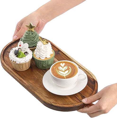 Miniatura 5 de Elsjoy Juego de 2 bandejas para servir de madera de acacia, plato largo de madera ovalada para charcutería para decoración del hogar, frutas, quesos,