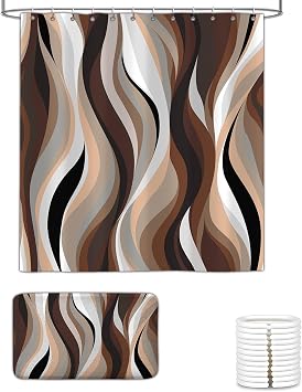 Brown Abstract Shower Curtain and Bath Rugs Set, Stripe Black White Gray Modern for Bathroom Decor, Waterproof Cloth Fabric with 12 Hooks,72x72 Inch Non Slip Absorbent Bath Mat 17x29 Inch