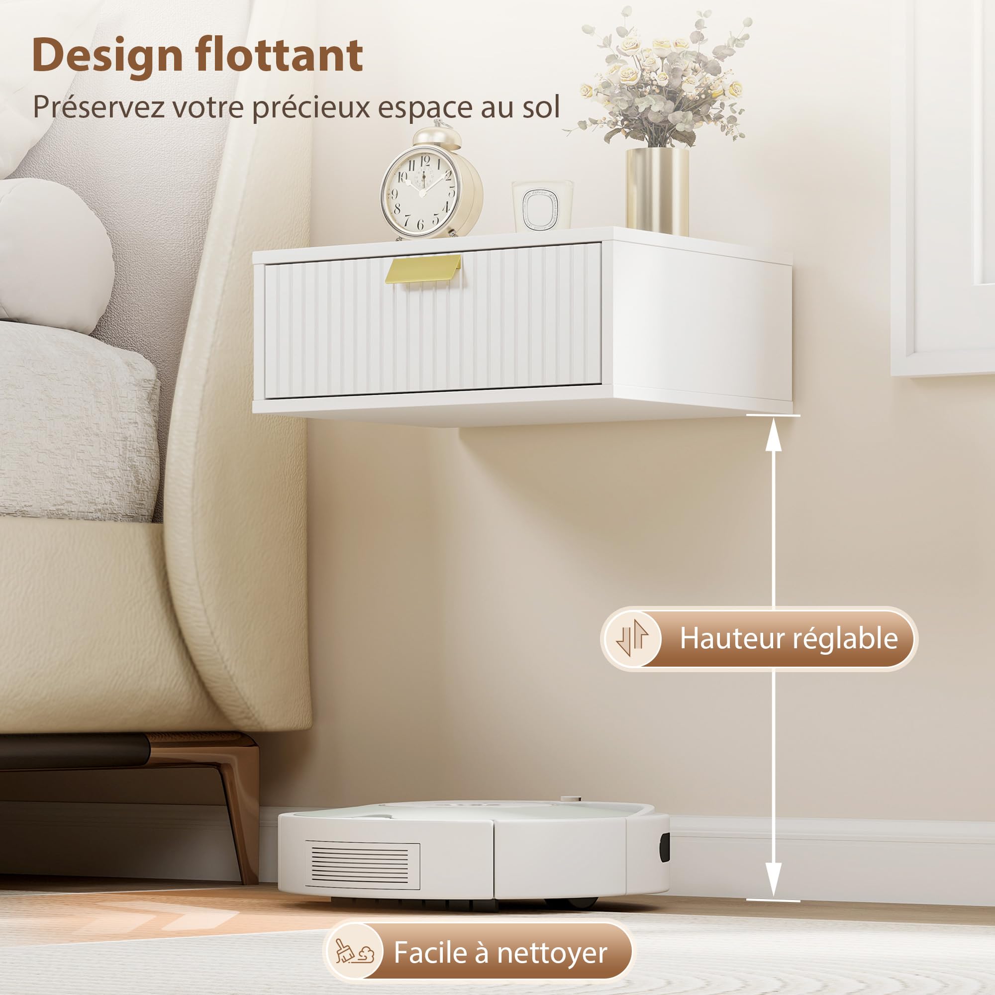 HOMCOM Lot de 2 Tables de Chevet murales, Tables de Nuit suspendues avec tiroir ondulé, Style Moderne, pour Chambre à Coucher, Salon, 40 x 30 x 15 cm, Blanc