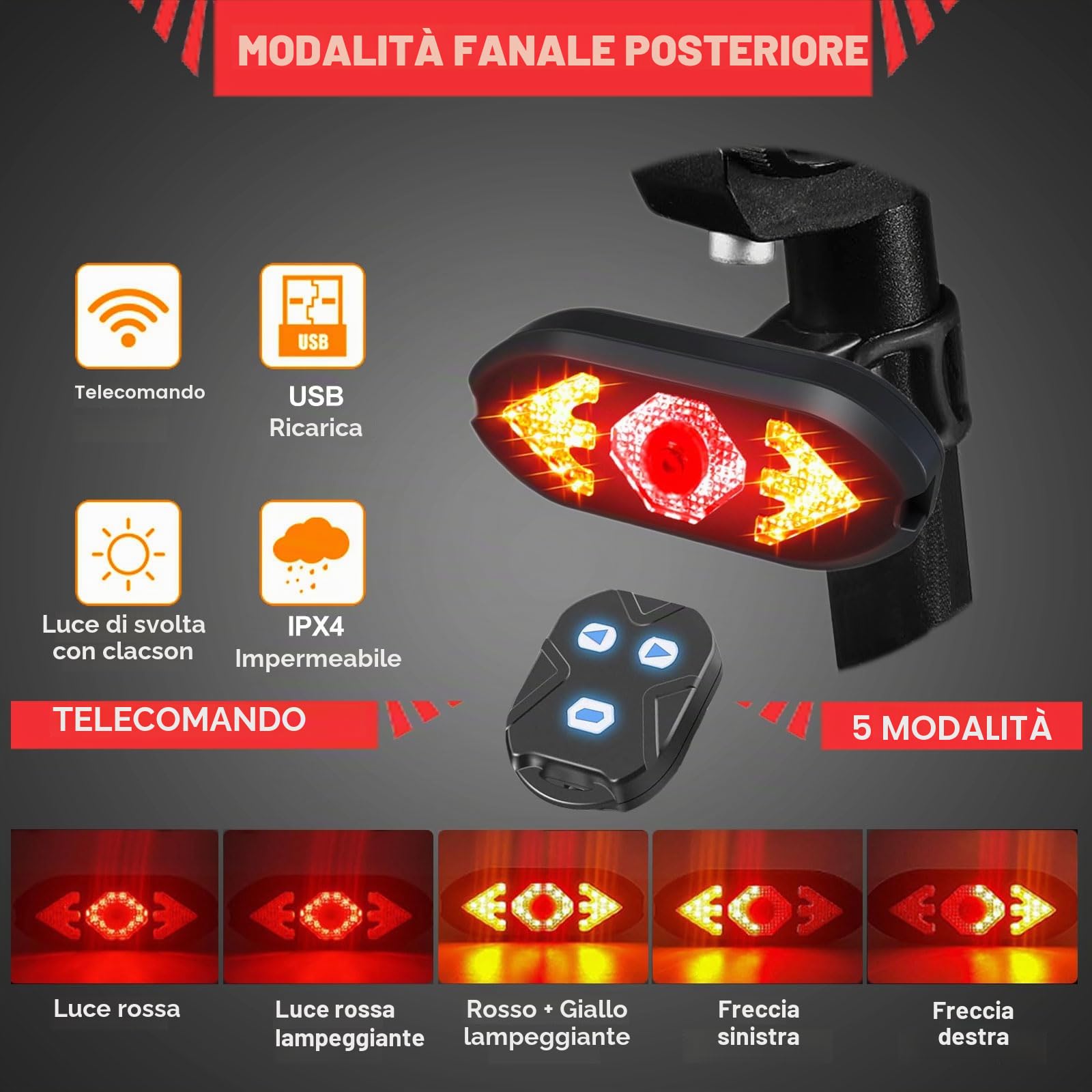 Luce Bici Super Luminosa LED Indicatore Direzione Lampada Telecomando Fanalini posteriori per bicicletta USB Ricaricabile Fanale Posteriore Per All Ciclismo Sicurezza Avvertimento Luci e riflettori