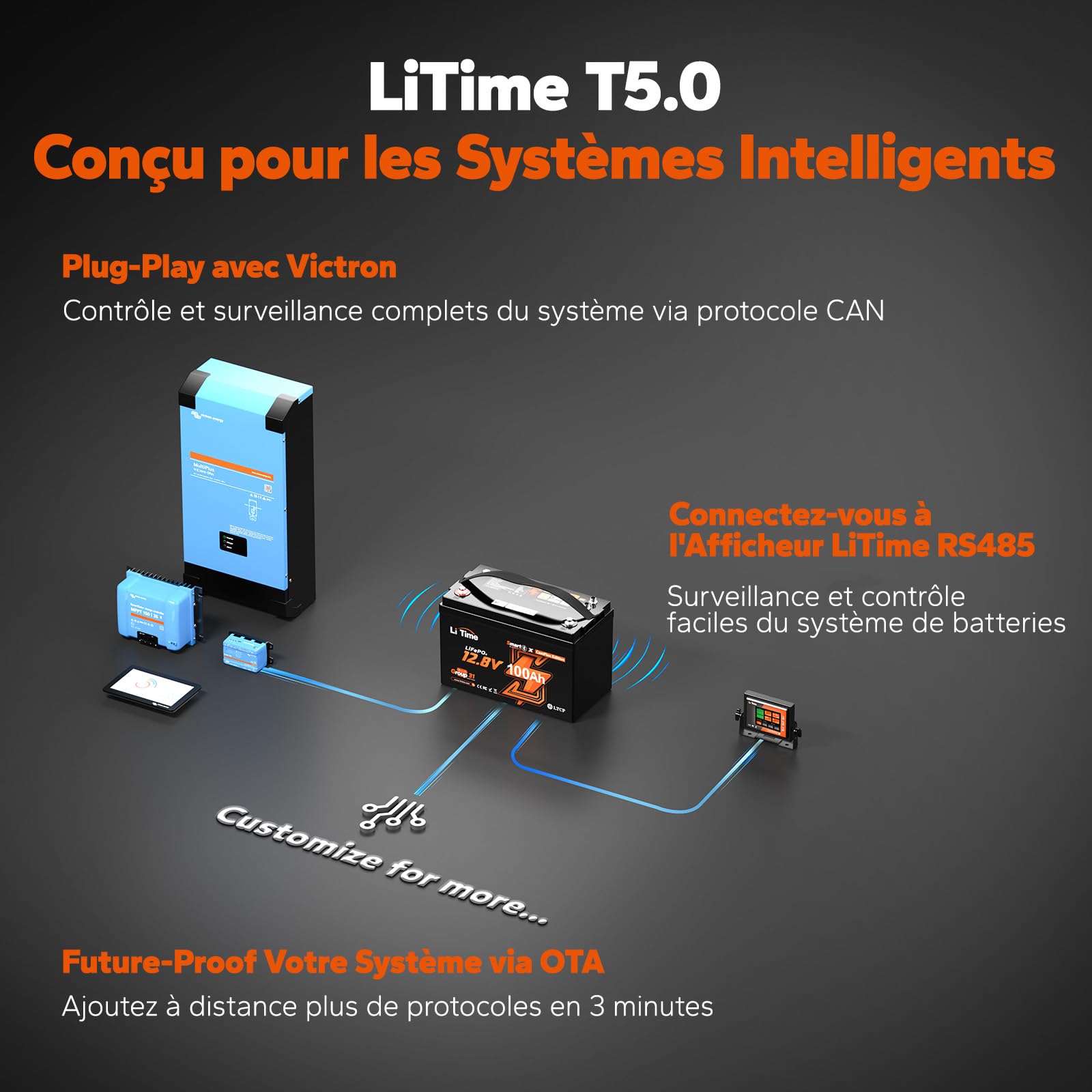 LiTime Batterie Lithium LiFePO4 12V 100Ah Bluetooth Compatible avec Victron Système pour Camping-Car, Communication CAN/RS485, 4000-15000 Cycles Profonds, Parfait pour Système Solaire, Hors Réseau