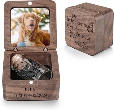 SOITIS Photo Personalized Wooden Pet Box for Ashes - Small Glass Urn for Dog Cat Keepsake, Memorial Urn Pet Loss Sympathy Gifts, Engraving Mini Urns for Pet Ashes - Black Wings Pet Urn