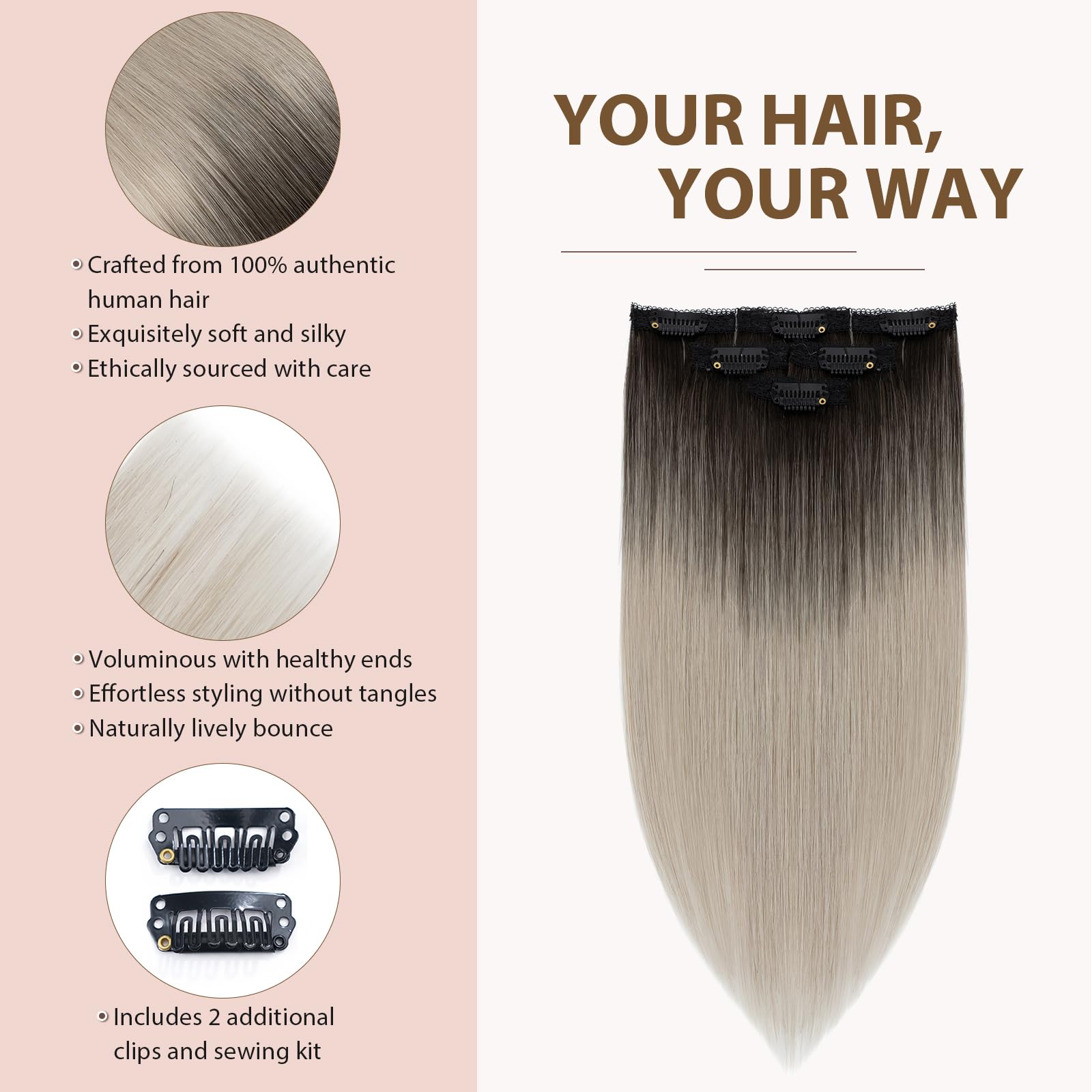 TESS Clip in Extensions Echthaar 6stk 40g, 6 Clip in Haarverlängerung Echthaar Extensions Spitzennetz Remy Extensions 40cm 1BTG4# Naturschwarz/Grau