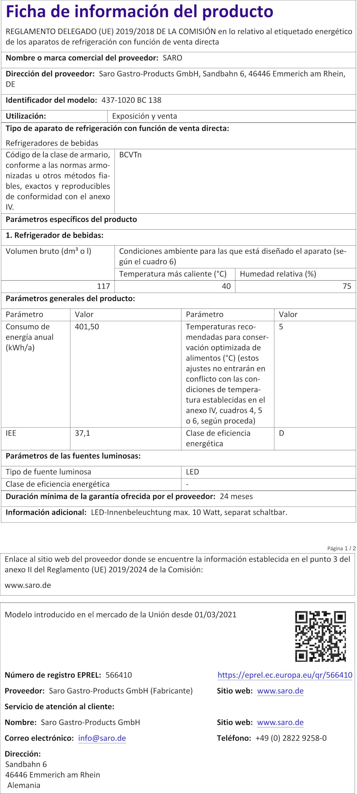 SARO BC 138 Frigorífico de bar, 128 l, 2 rejillas, puerta de cristal con cierre, control digital de temperatura, iluminación LED, 2-10 °C