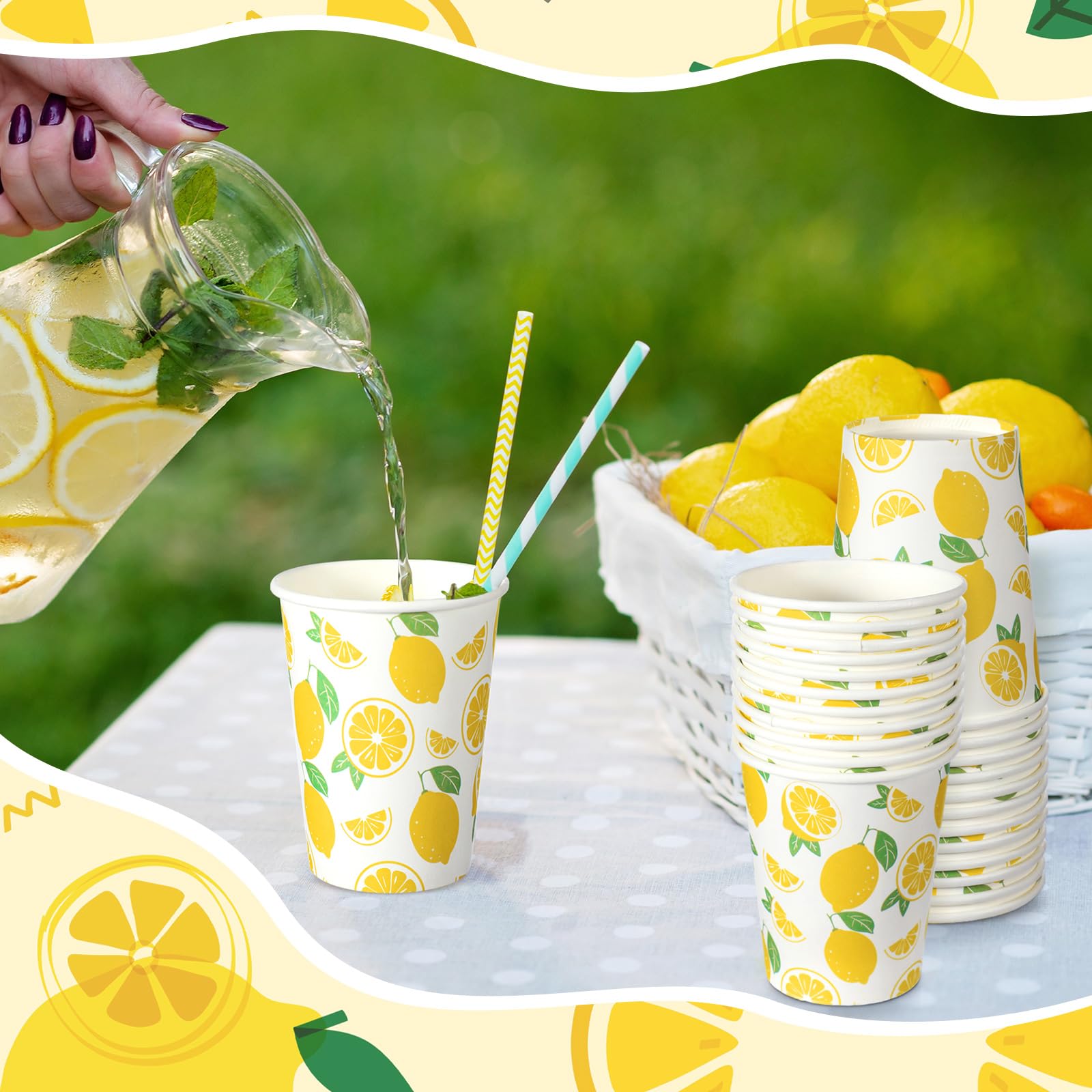 TecUnite 100 Pcs 9oz Lemon Cups Disposable Paper Yellow Cups for Lemonade Stand Decorative Party for Cold Hot Beverage Juice Kitchen Coffee Birthday Party Supplies