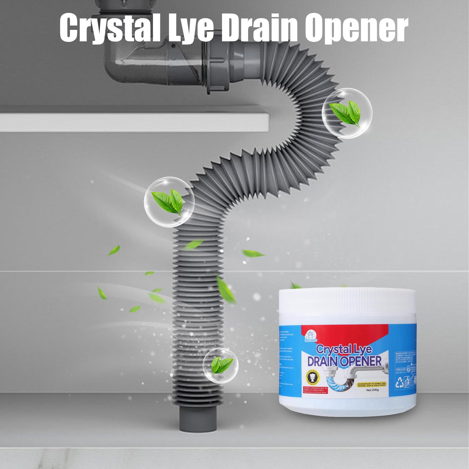 Crystal Lye otwieracz do odpływów, 200 g, proszek redukujący do czyszczenia odpływów, wydajny środek do usuwania zatorów odpływowych, idealny do kuchni, łazienki, wanien