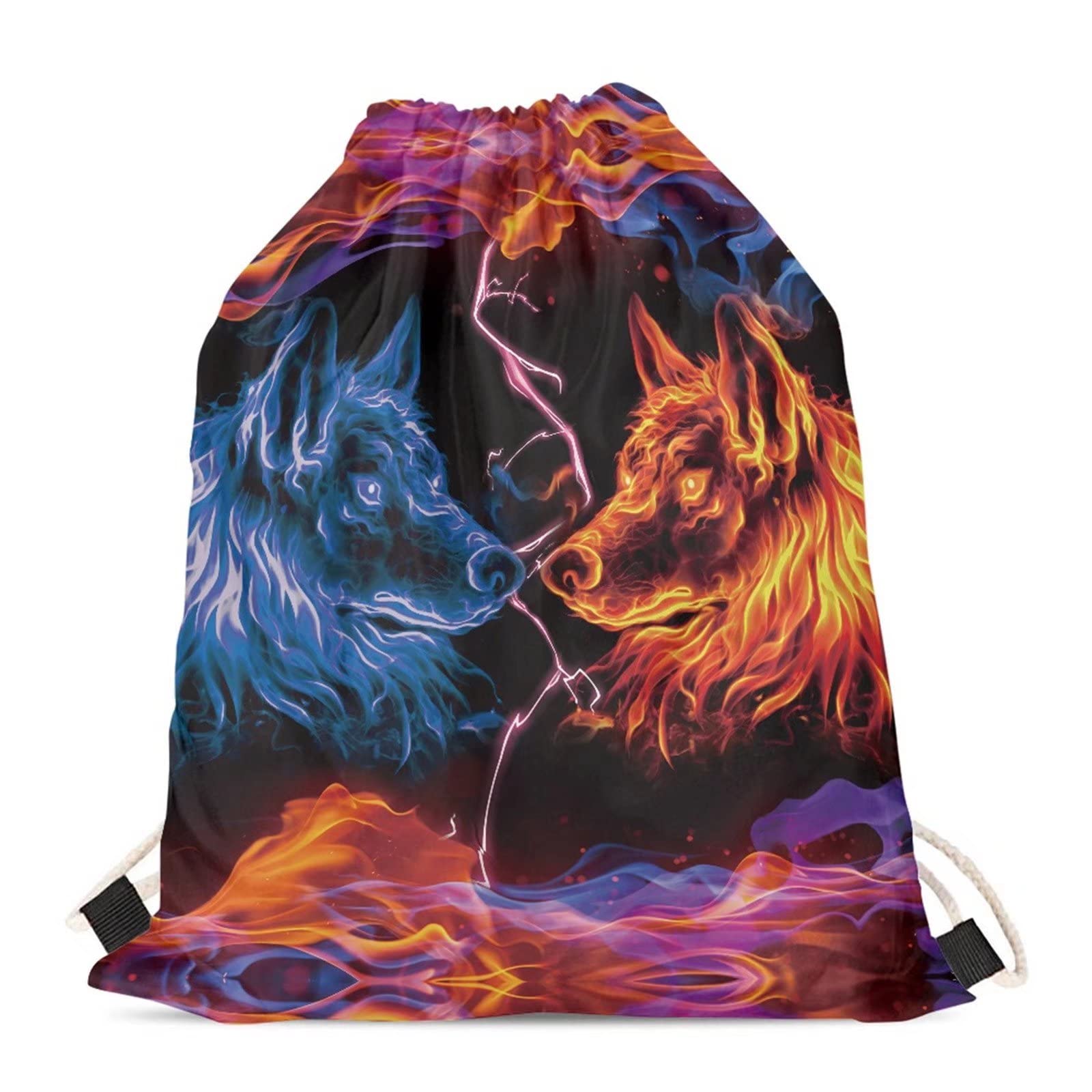 Showudesigns Fire Wolf Swimming PE Bag Cinch Sack Preschool Large Drawstring Schoolbag Kids Casual Daypack Cool Animal Drawstring Bag Gifts โ image 1