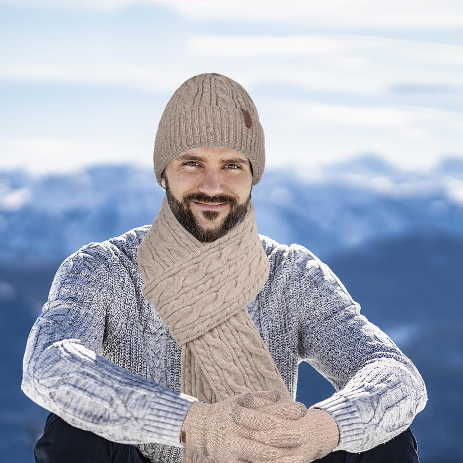 Men Winter Beanie Hat Touchscreen Gloves Scarf Set Warm Fleece Lined - Image 6