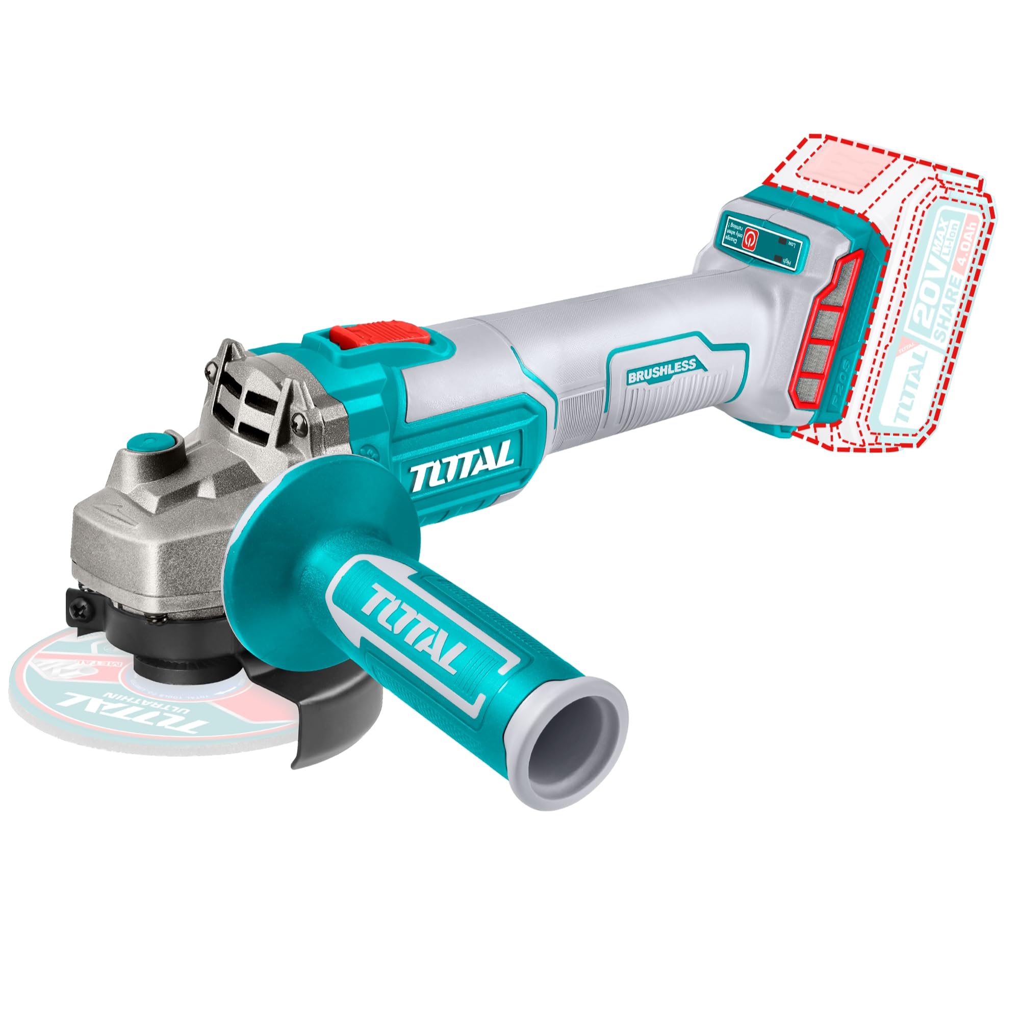 TOTAL - Amoladora Angular a Batería P20S de 20 V - Radial con Disco de 115 mm - Motor Brushless - Sin Batería ni Discos - Inalámbrica