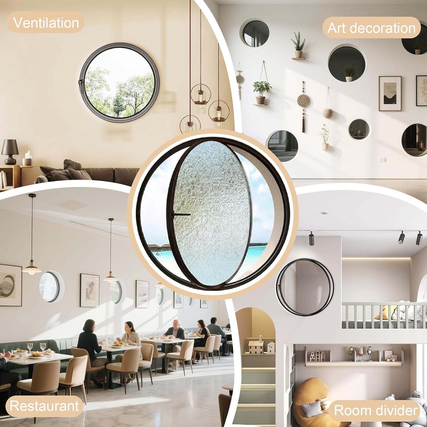 19.7IN Porthole Window with Tempered Glass,360° Circular Rotating Windows,Sliding Windows with Handle For Bathroom/Kitchen/Bedroom/Living Replacement Indoor Ventilated Windows Decorate(Black)