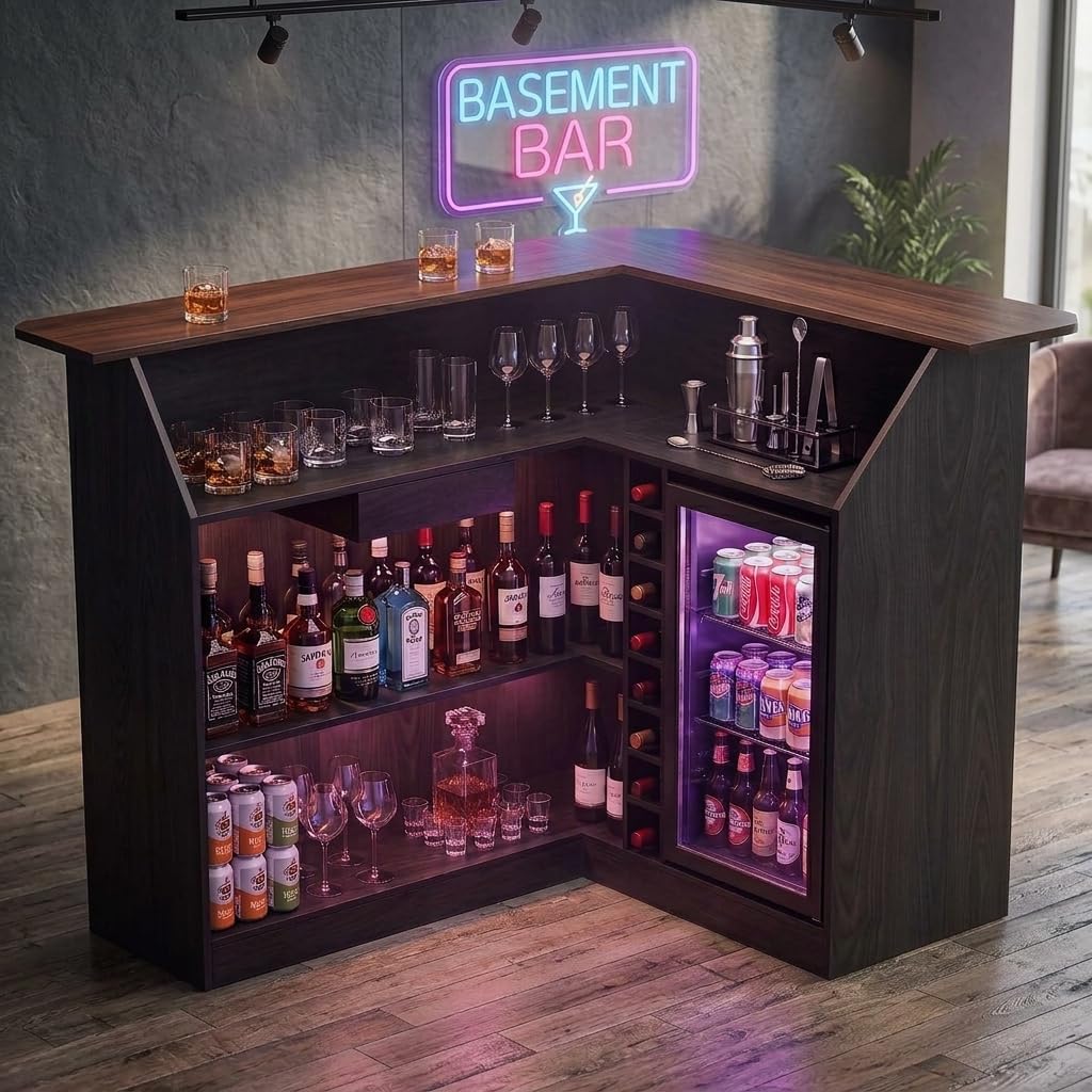 67”/53” L Shaped Home Bar,Bar Cabinets Unit with Fridge Space,Black,Walnut