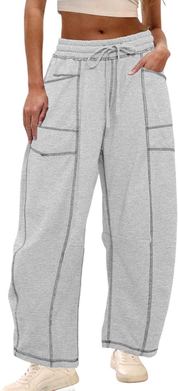 Freyhem Womens Slouchy Barrel Sweatpants Mid Waisted Wide Leg Pants Drawstring Athletic Baggy Pants Lounge Sweats