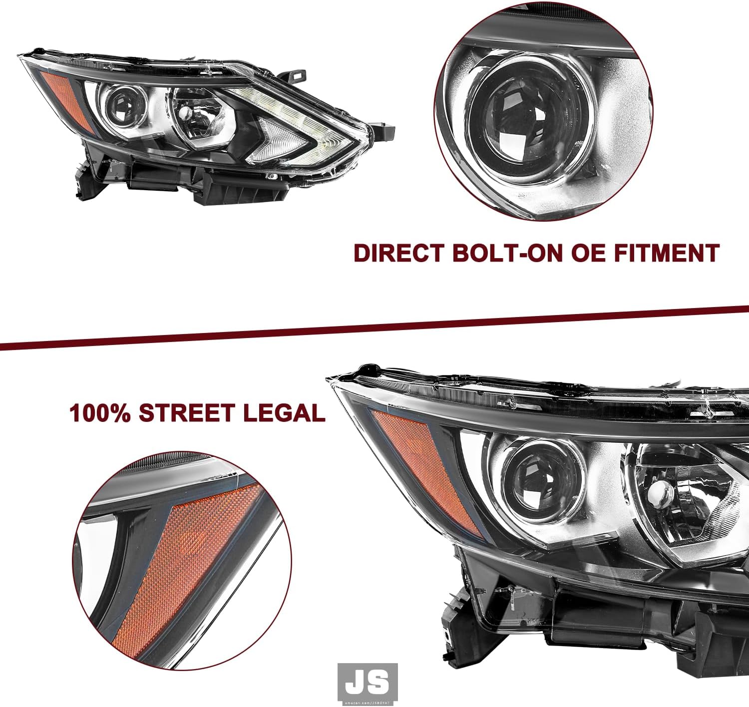 JSBOYAT Halogen Headlight Assembly Compatible with 2017-2019 Nissan Rogue Sport with LED DRL Projector Headlamp OE Style RH Right Passenger Side Bulbs Included