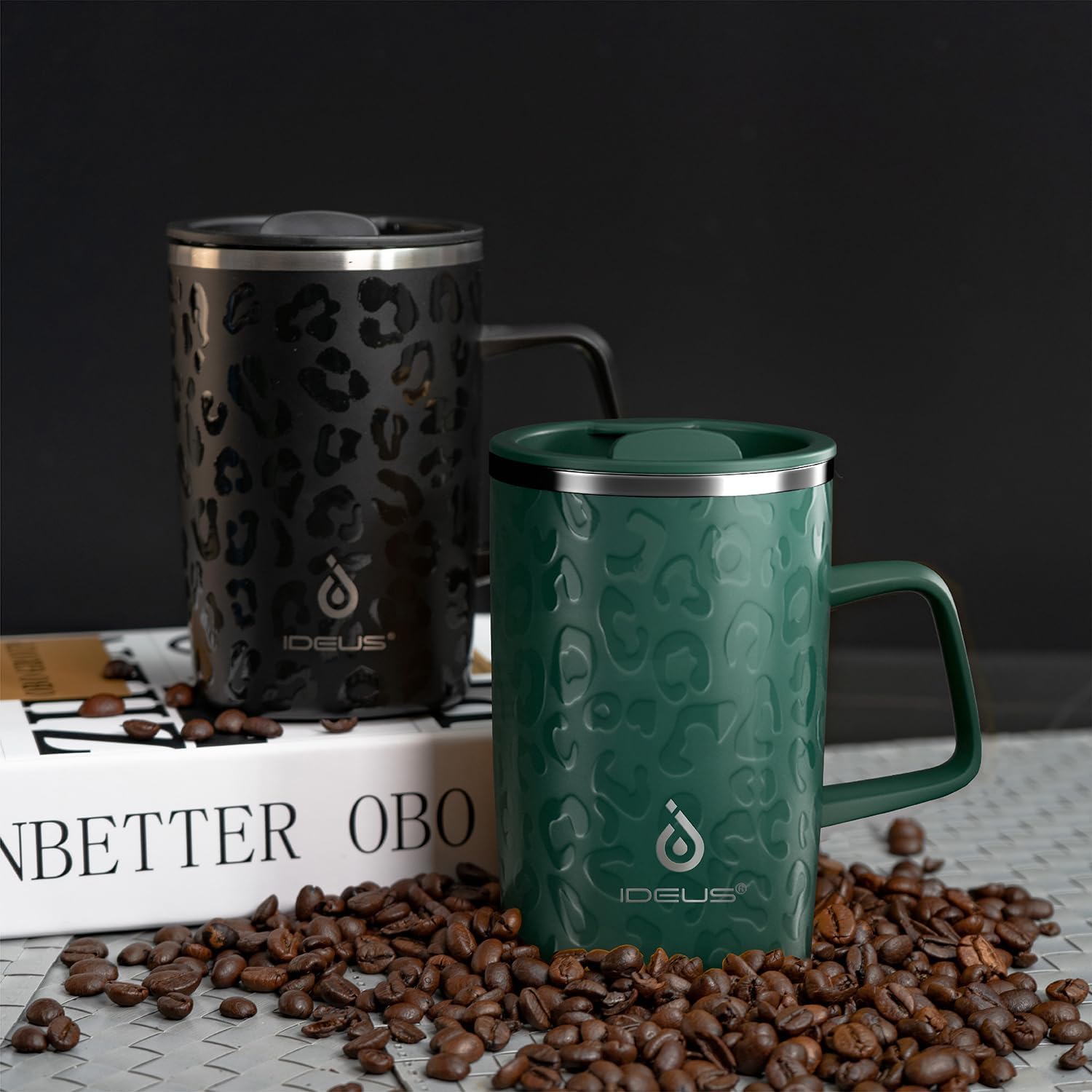 Ideus Vacuum Insulated Coffee Mug, 16oz Reusable Stainless Steel Thermal Double Walled cup with Handle and Slider Lid for Hot & Cold Beverages, BPA Free (Leapord Dark Green) - Image 9