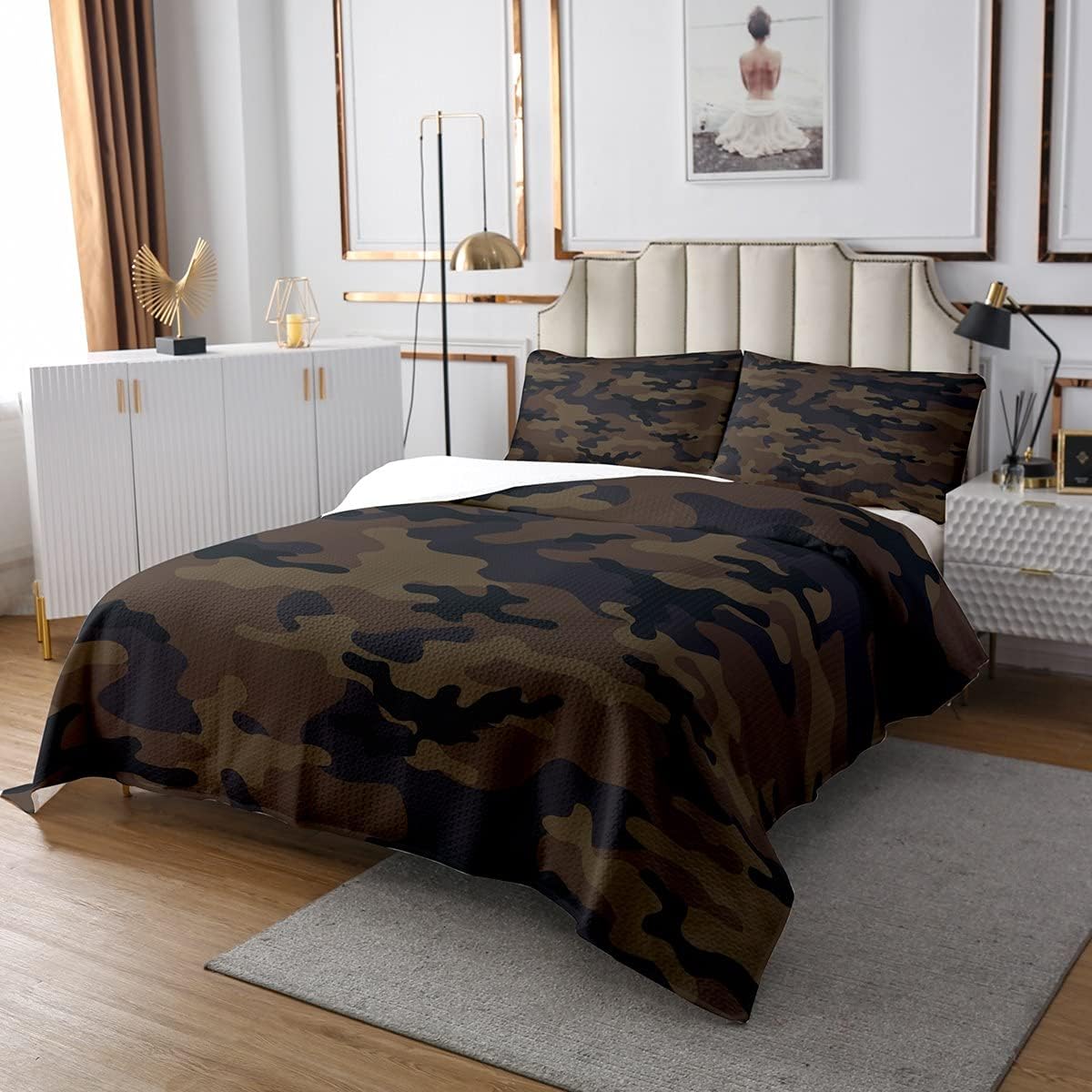 Feelyou Kids Boys Camo Bedspread Army Camouflage Quilted Coverlet Set for Girls Teens Youth Man Navy Blue Decor Bedding Collection Black Dark Brown Bedroom Collection 3Pcs King Size