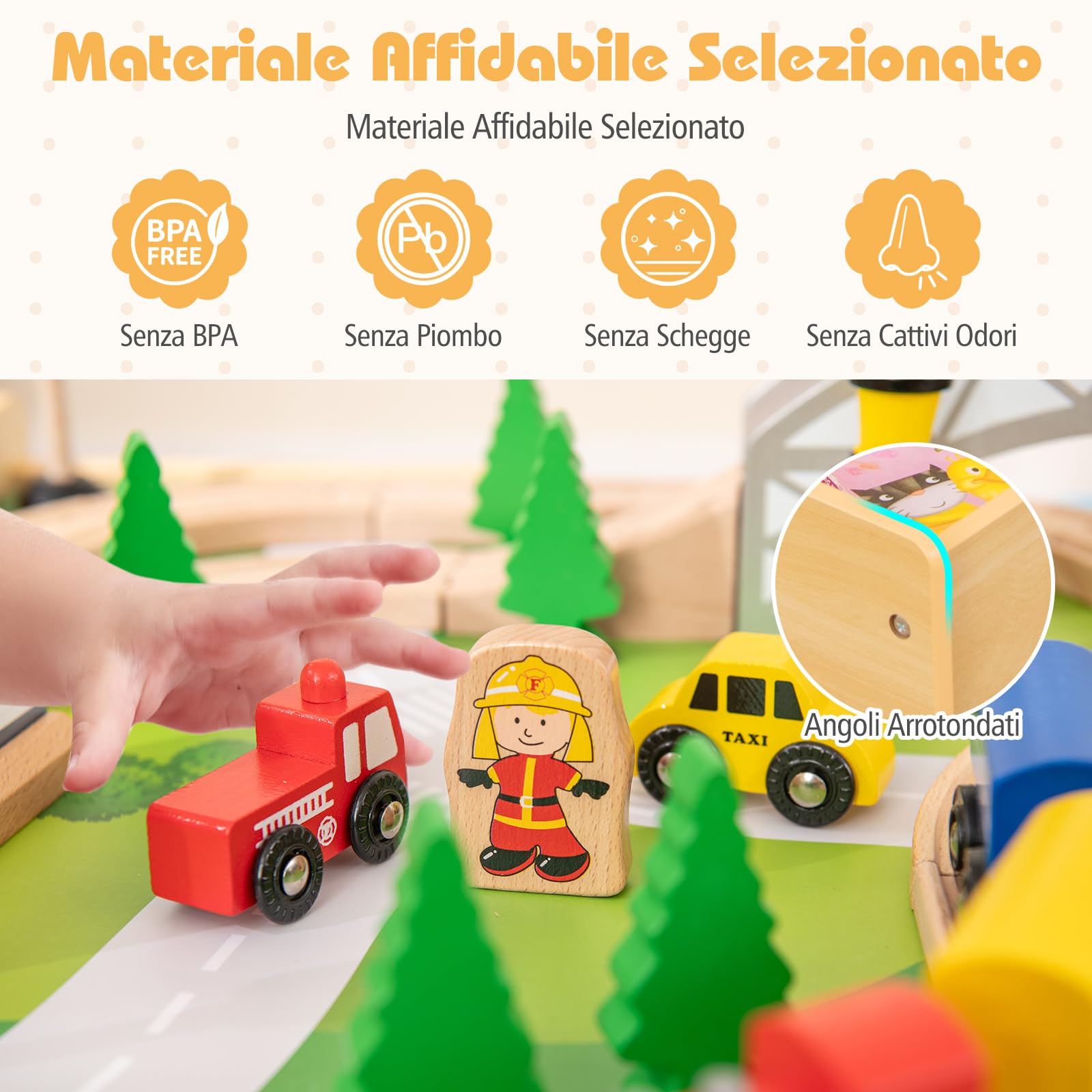 COSTWAY Tavolo e Set di Trenini in Legno, Tavolo da Gioco per Bambini con 78 Pezzi, Tavola Attività con Piano e Base Ribaltabile, Canna da Pesca Magnetica, Regalo per Bambini 3 Anni+