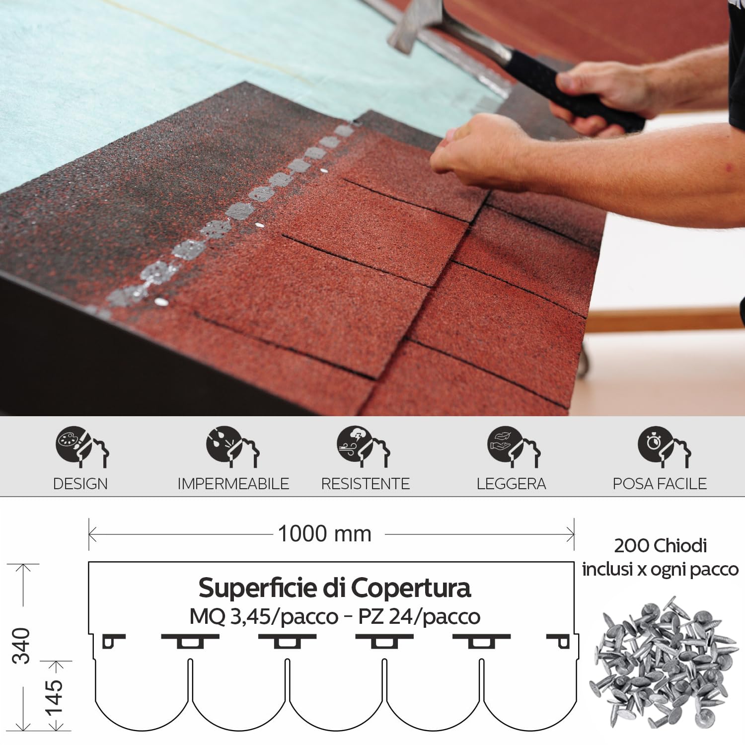MASTERBRICO Tegole Canadesi per Tettoia Esterno 2,32 mq (16 Pz) – Tegola Canadese Bituminosa e Flessibile con Chiodi Inclusi – Facili da Installare, Resistenti a Intemperie e UV (A008)